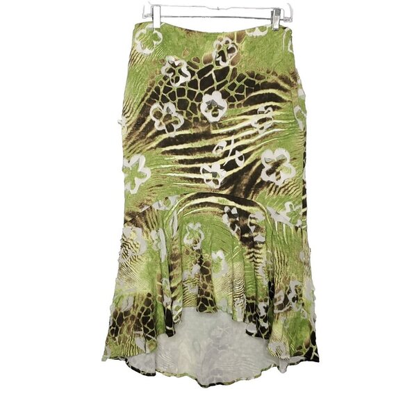 Y2K Vintage Floral Animal Print Skirt 8 Green Brown Fairy Grunge Hi Lo Ruffle - Picture 1 of 5